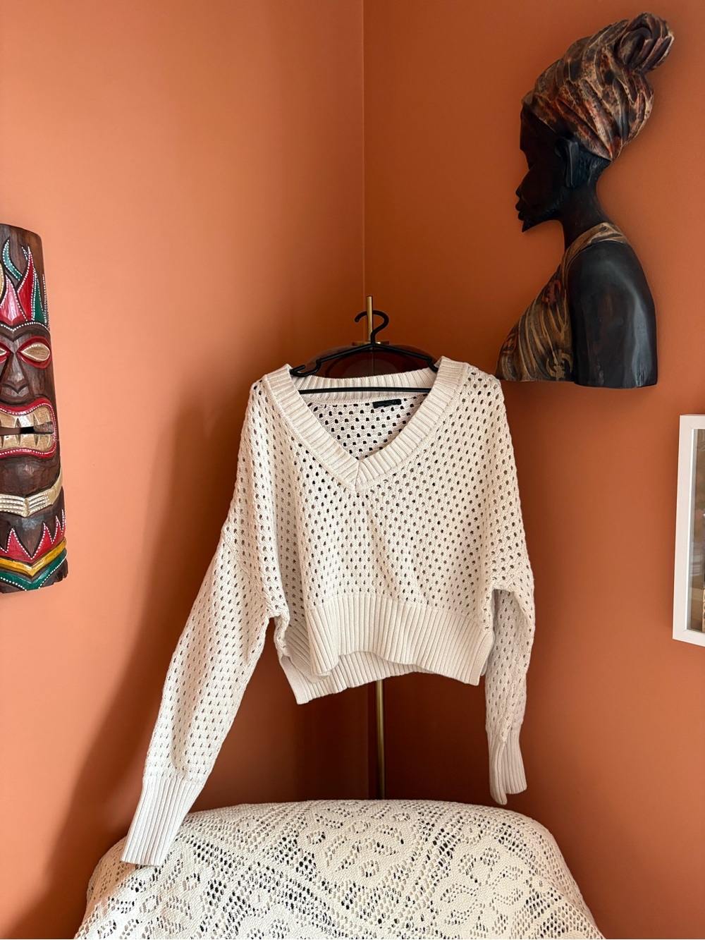 Dynamite Chunky V‑Neck Open Knit Sweater - Cream